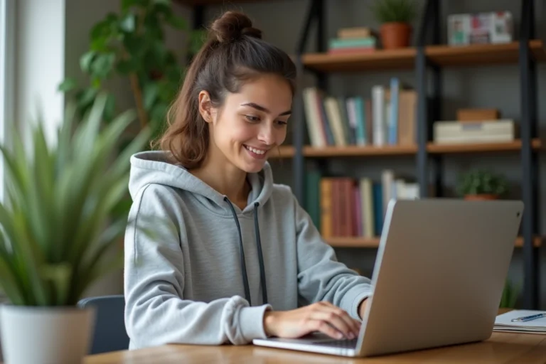 Jeune femme débutante découvrant la plateforme Cruchyscan sur son ordinateur portable dans un bureau à domicile