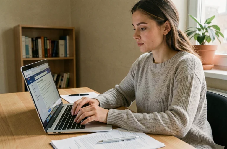 Jeune femme remplissant une demande d'APL en ligne sur son ordinateur portable dans un appartement