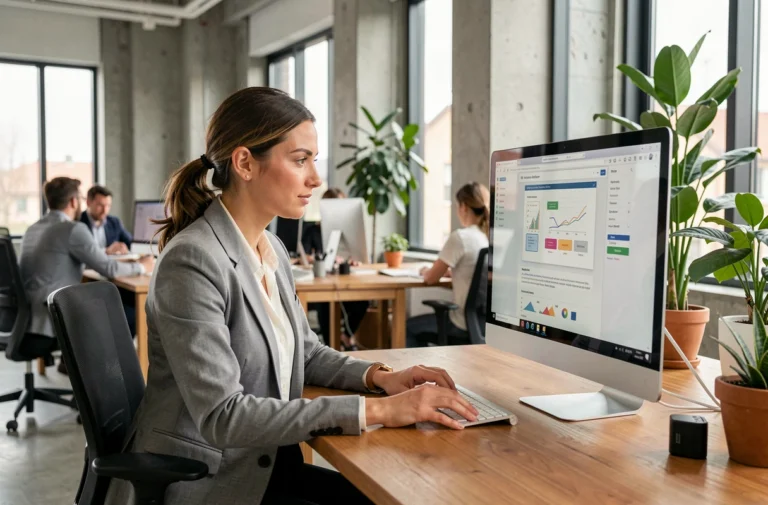 Développeuse web professionnelle analysant la structure d'un site web performant sur un grand écran dans un bureau moderne