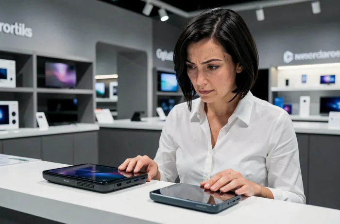 Femme analysant deux produits technologiques similaires dans un magasin d'électronique pour distinguer l'innovation réelle d'une copie existante