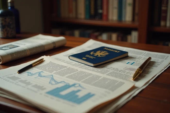 Documents financiers et passeport sur un bureau en bois illustrant le patrimoine et l'héritage financier d'un personnage politique français