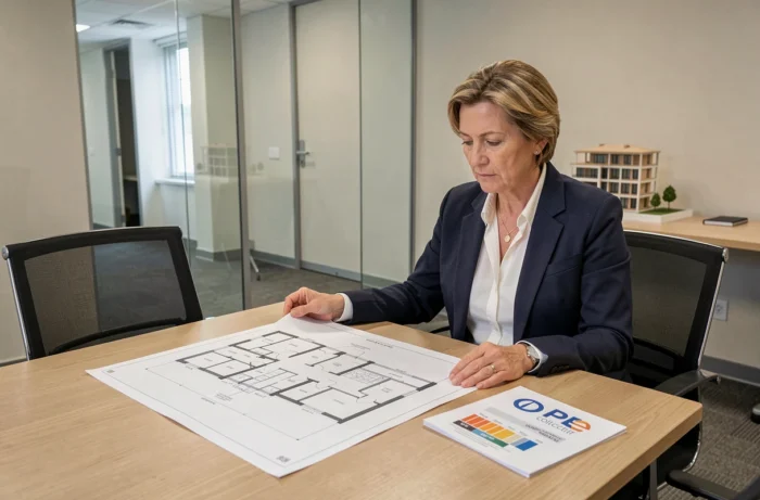 Une copropriétaire analyse le DPE collectif d'un immeuble lors d'une réunion de copropriété
