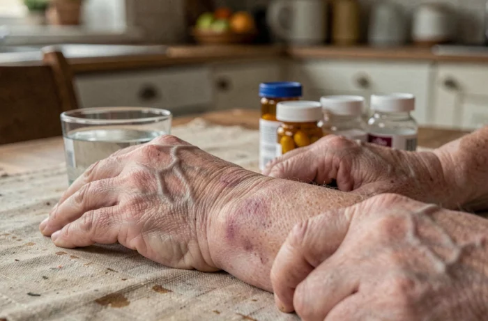 Mains d'une personne âgée présentant des ecchymoses, signe possible de leucémie, avec médicaments sur une table