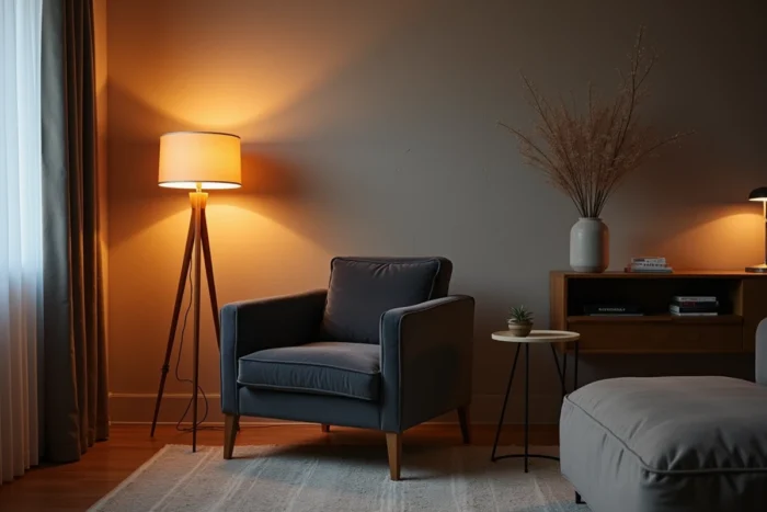 Coin salon avec éclairage adaptatif montrant un contraste entre température de couleur chaude et froide sur un fauteuil en velours