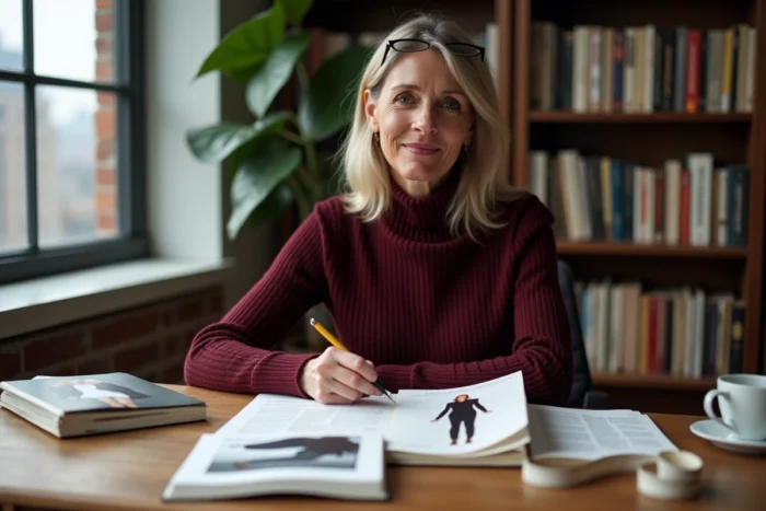 Éditrice de mode concentrée annotant un article sur les mensurations idéales et les mythes des standards de beauté dans un bureau éditorial sophistiqué