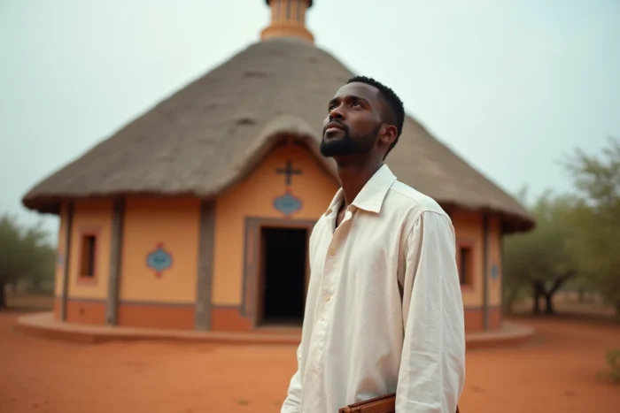 Jeune homme d'origine éthiopienne debout devant une église orthodoxe traditionnelle à toit de chaume en Éthiopie, symbolisant la foi chrétienne et les racines spirituelles de The Weeknd
