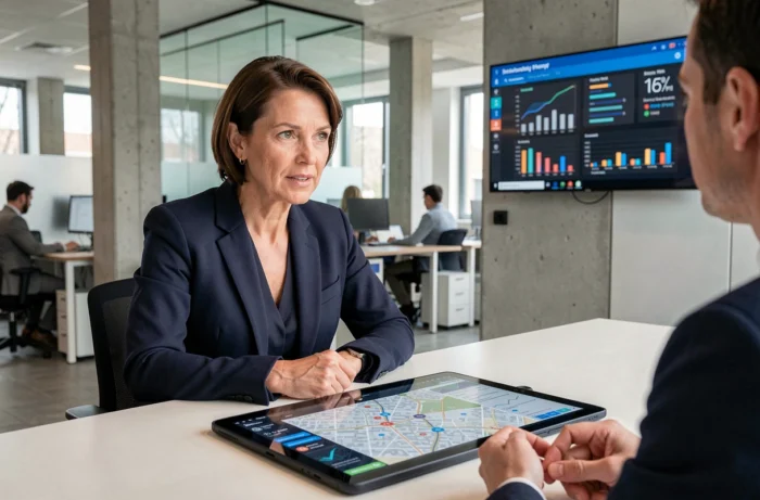 Élue municipale consultant un tableau de bord numérique interactif dans un hôtel de ville moderne en 2024