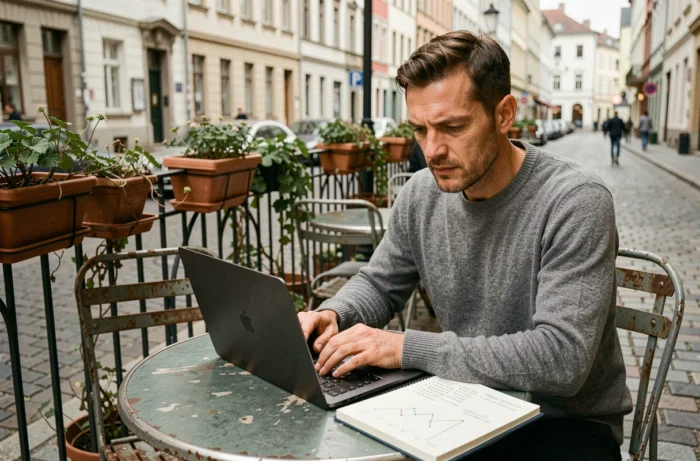 Entrepreneur travaillant sur son laptop en terrasse de café avec des notes de stratégie business