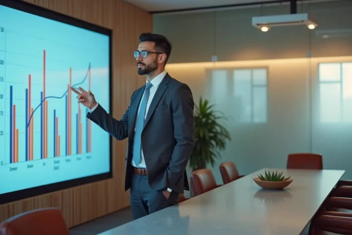 Entrepreneur présentant des graphiques de croissance personnalisés lors d'une réunion stratégique en salle de direction