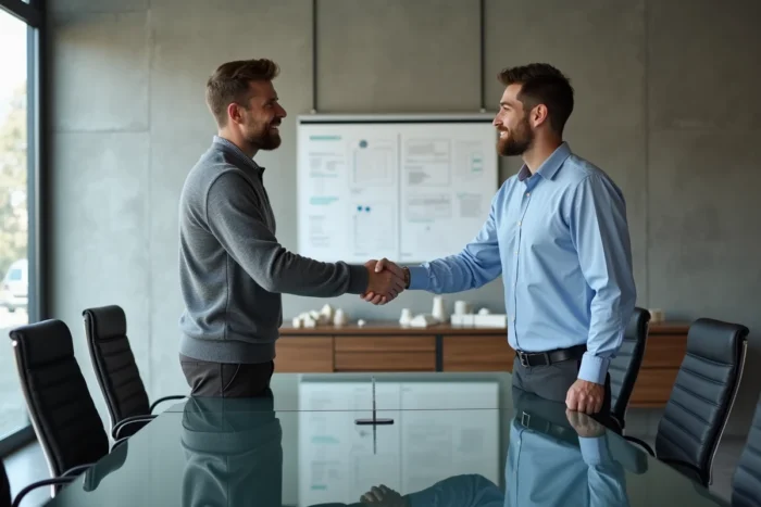 Deux entrepreneurs signant un accord commercial dans une salle de réunion professionnelle en Europe