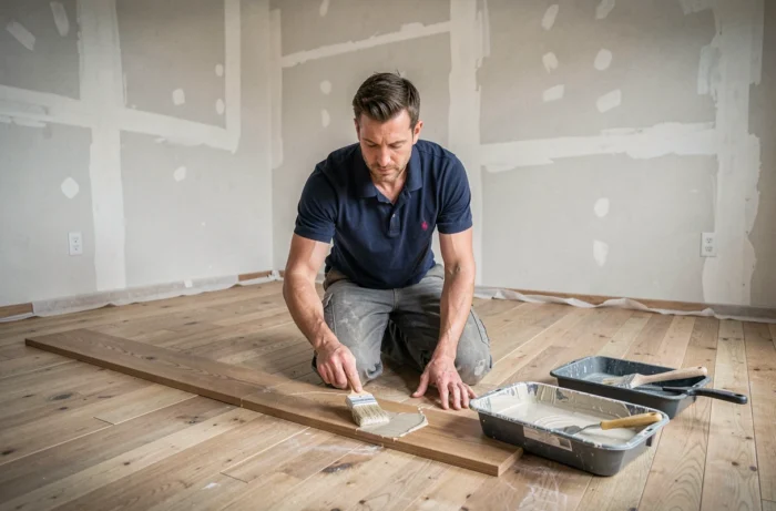 Homme appliquant un produit d'entretien sur un parquet en bois dans une pièce en cours de rénovation