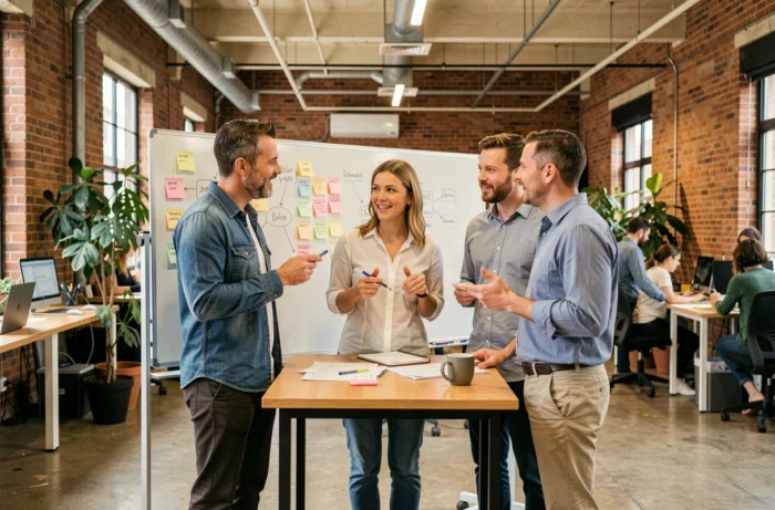 Équipe de professionnels en séance de brainstorming dans un espace de co-working moderne