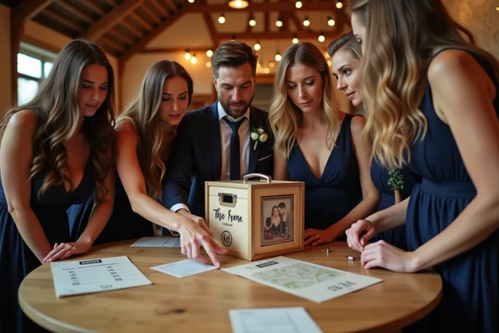 Groupe d'invités concentrés sur les énigmes d'un escape game scénarisé autour du couple lors de leur mariage