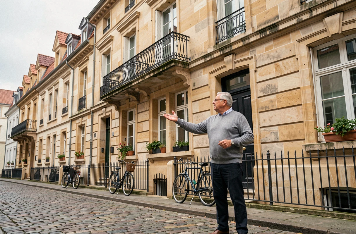 Homme évaluant un immeuble résidentiel européen en pierre dans le cadre d'un investissement en SCPI
