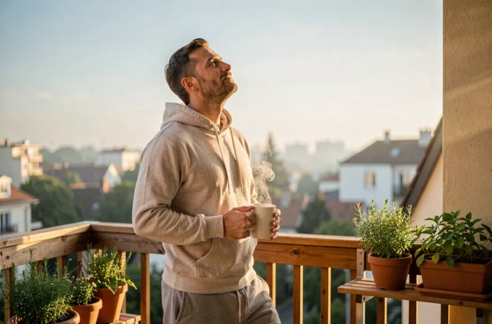 Homme sur son balcon en début de matinée s'exposant à la lumière naturelle avec une tasse de thé à la main