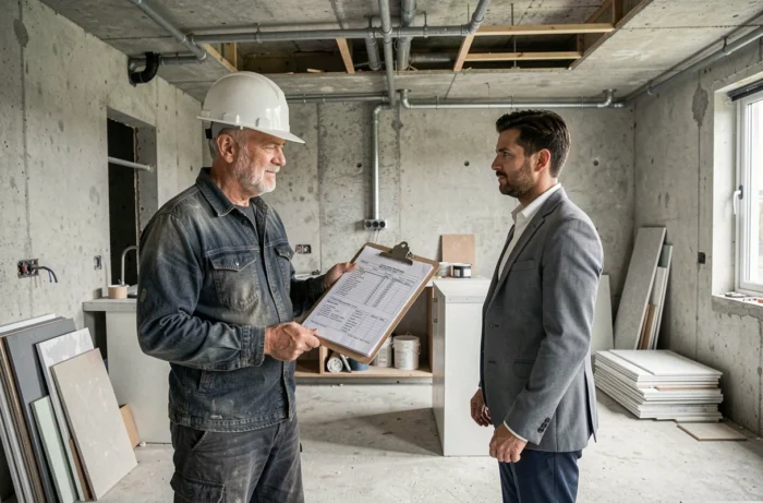 Un entrepreneur chiffre des travaux de rénovation dans un bien immobilier avant la signature