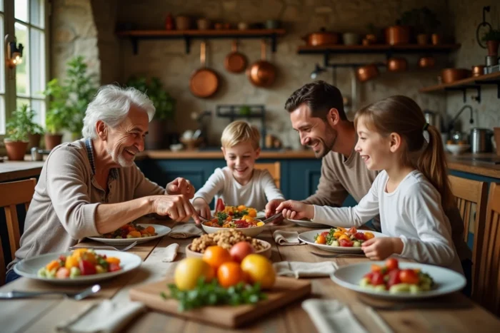 Famille réunie autour d'un repas convivial dans une cuisine de maison de campagne chaleureuse