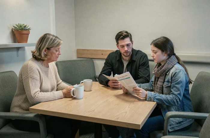 Famille réunie dans un salon de soins palliatifs, reflétant le soutien émotionnel lors des étapes de la fin de vie