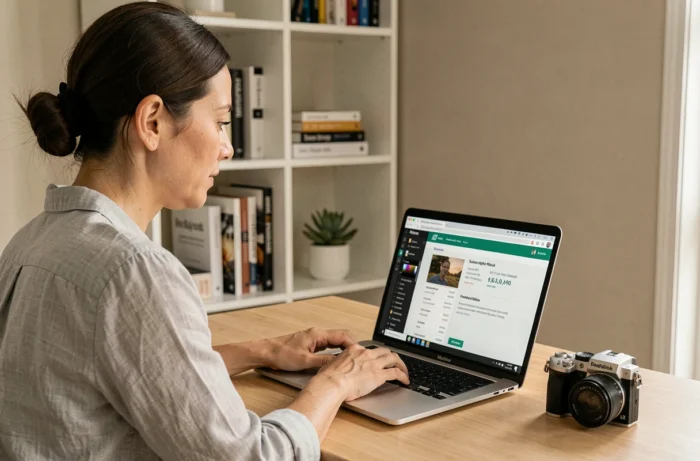 Femme consultant les offres d'abonnement Lightroom sur son ordinateur portable dans un bureau à domicile