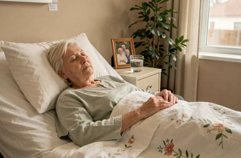 Femme âgée en soins palliatifs reposant paisiblement dans un lit d'hôpital, illustrant les étapes de la fin de vie