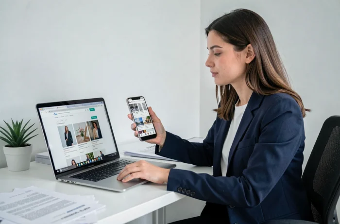 Femme comparant des offres de Huawei P10 Lite d'occasion sur un site de vente en ligne depuis son bureau