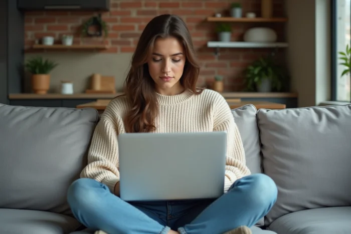 Jeune femme consultant un comparateur d'assurance habitation sur son ordinateur portable dans son appartement moderne