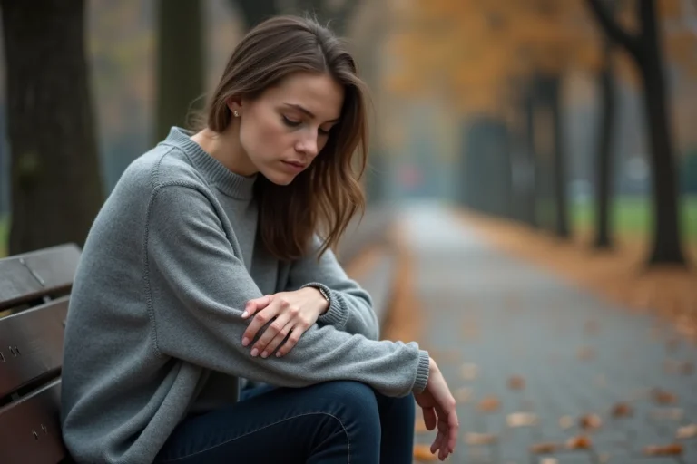 Femme en détresse émotionnelle assise seule sur un banc de parc en automne, illustrant les symptômes du stress post-traumatique