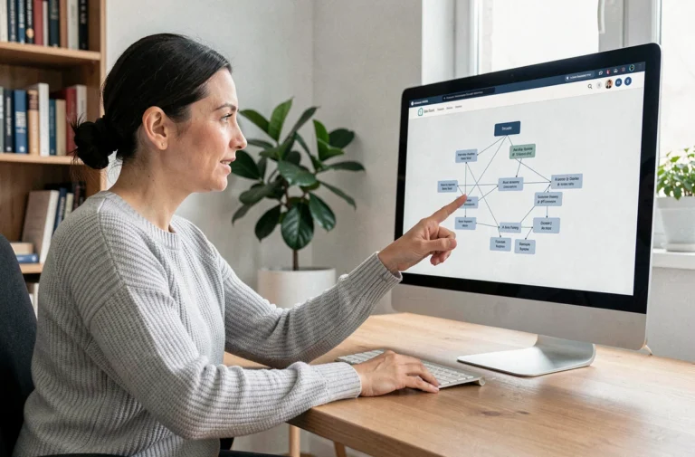 Femme développeuse web analysant la structure d'un sitemap sur un écran d'ordinateur dans un bureau moderne