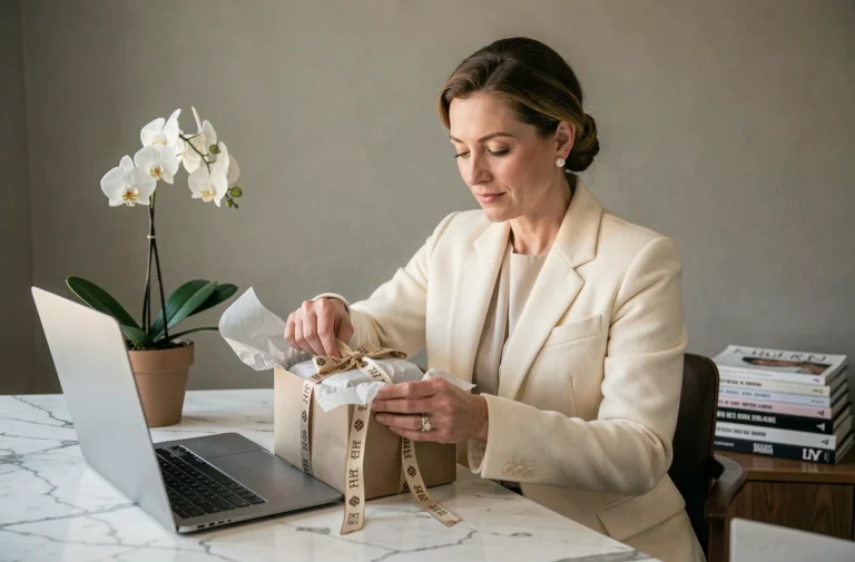 Femme élégante déballant un article de luxe dans un bureau minimaliste avec un ordinateur portable ouvert
