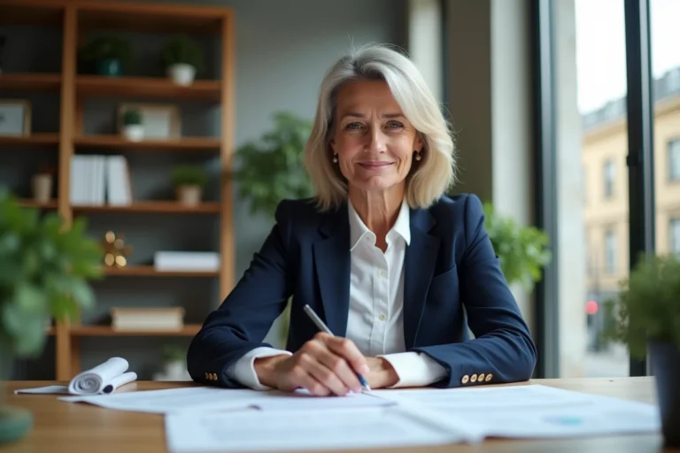 Femme entrepreneur européenne analysant des documents officiels pour créer son entreprise dans un espace de coworking moderne