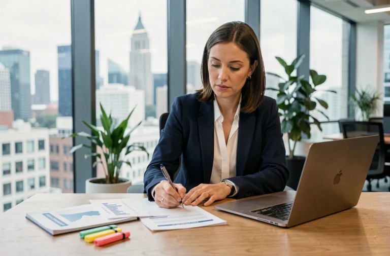 Femme entrepreneur analysant des rapports business fiables dans un espace de coworking moderne en 2024