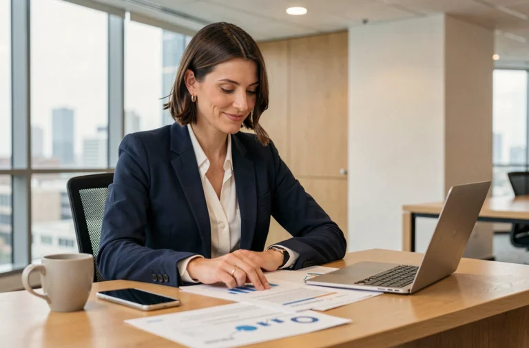 Femme entrepreneur analysant une stratégie business dans un bureau moderne en 2024