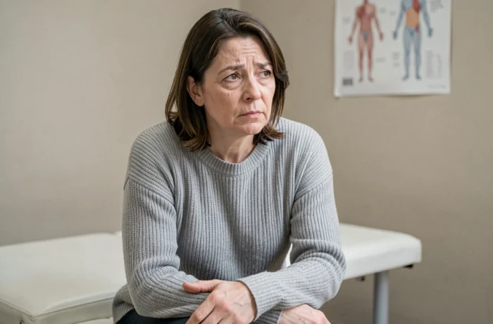 Femme fatiguée en consultation médicale, illustrant les symptômes de la leucémie comme la fatigue chronique