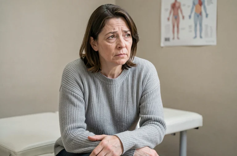 Femme fatiguée en consultation médicale, illustrant les symptômes de la leucémie comme la fatigue chronique