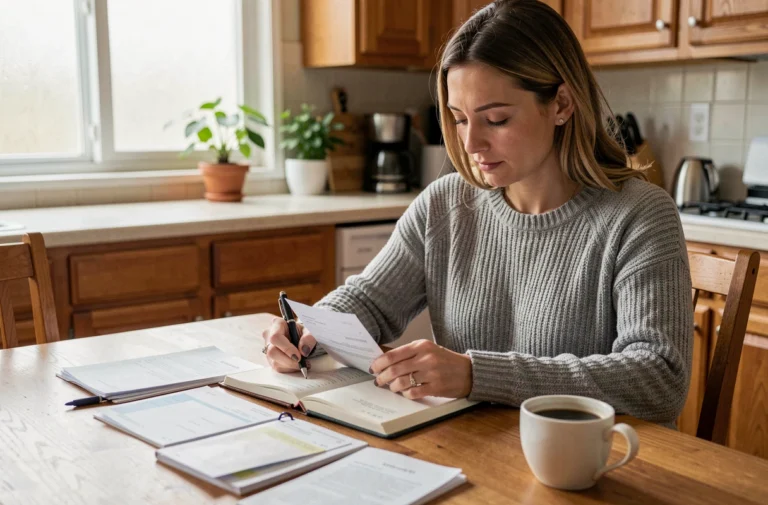 Femme gérant son budget avec un carnet de comptes et des factures sur une table en bois dans une cuisine chaleureuse