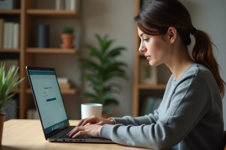 Femme consultant un gestionnaire de mots de passe sur son ordinateur portable dans un bureau à domicile moderne