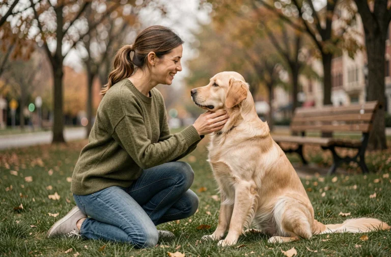 Femme souriante qui caresse son golden retriever dans un parc, conseils pour comprendre et éduquer son chien