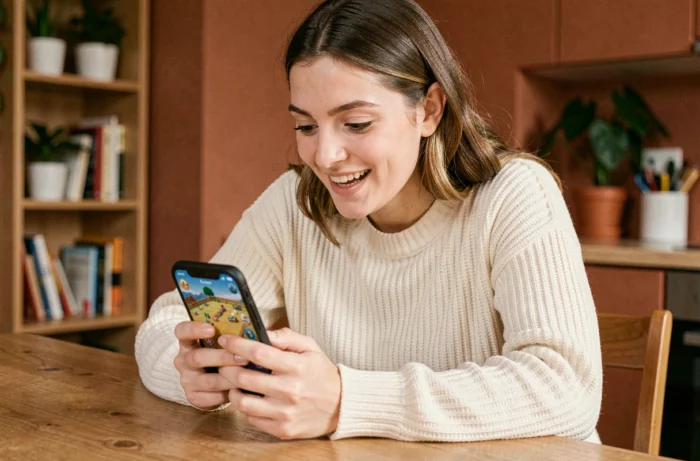 Jeune femme jouant à Monopoly Go sur son smartphone dans un appartement cosy, concentrée sur une stratégie de mini-jeu