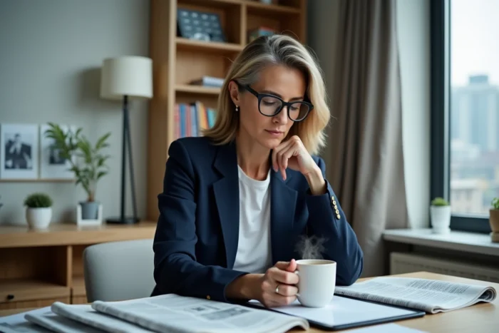 Femme concentrée lisant les actualités du jour sur une tablette dans un bureau moderne avec journaux et café
