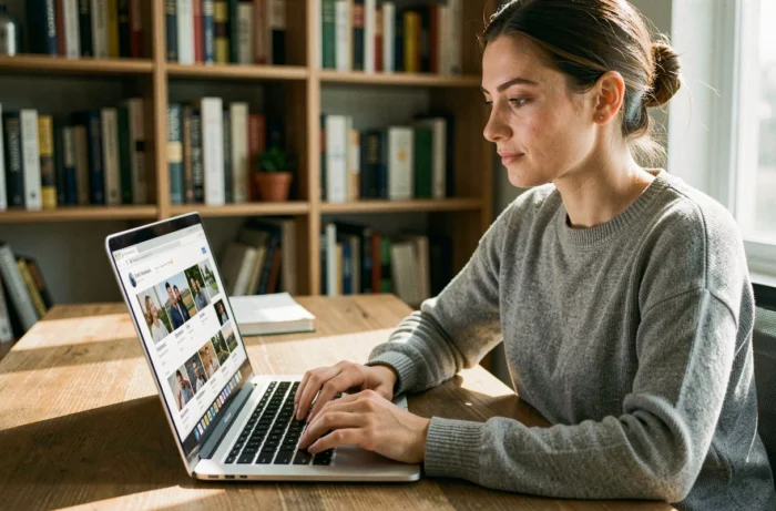 Jeune femme naviguant sur une alternative à Twitter via son navigateur web sur un ordinateur portable dans un bureau à domicile