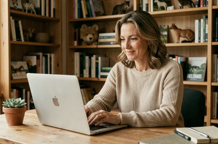 Femme parcourant le plan du site d'une plateforme dédiée aux animaux sur un ordinateur portable dans un bureau chaleureux