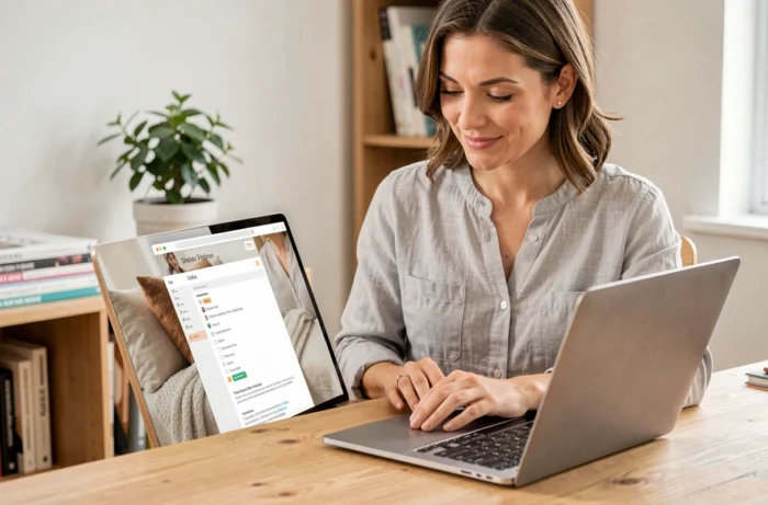 Femme naviguant sur le plan du site Vivre Femme depuis son bureau à domicile
