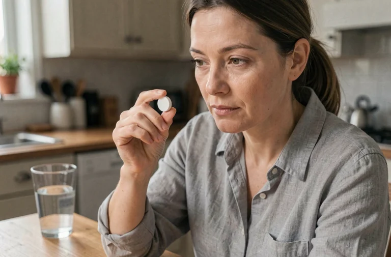 Femme examinant une pastille de Vichy dans sa cuisine, illustrant les précautions d'emploi et effets indésirables