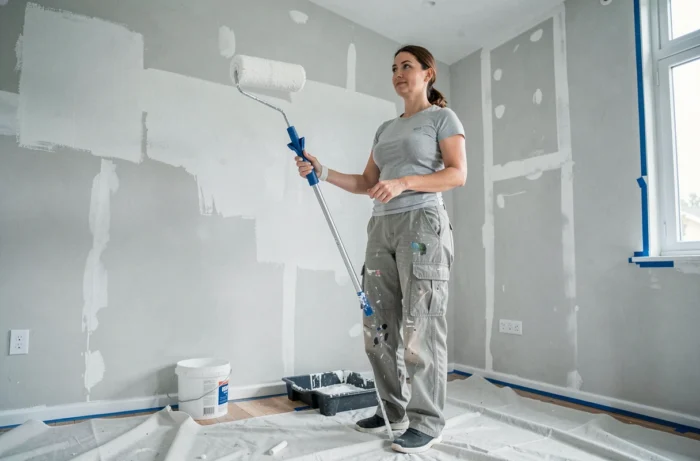 Une femme peignant un mur en blanc dans une pièce en cours de rénovation avec rouleau et bâche de protection