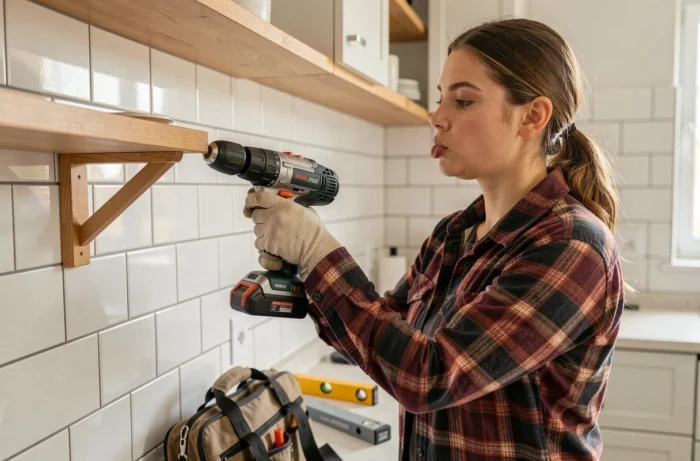 Une jeune femme vissant une étagère murale avec une perceuse sans fil dans une cuisine carrelée