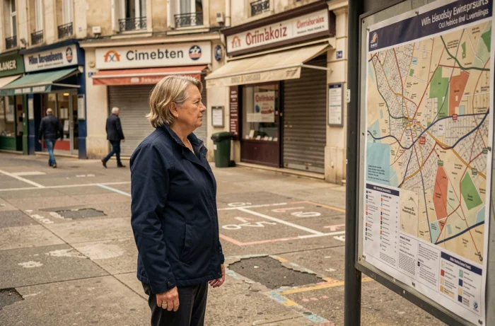Femme consultant un plan de quartier devant des commerces fermés dans un secteur urbain de Blois