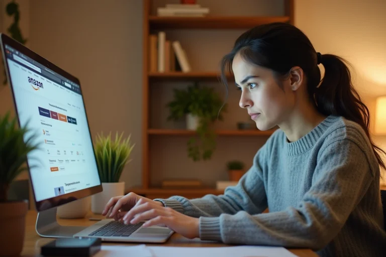 Femme frustrée devant un ordinateur portable essayant d'archiver une commande Amazon