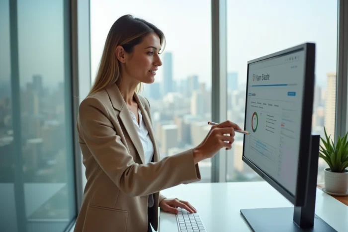 Femme professionnelle utilisant le tableau de bord Cruchyscan sur un grand écran dans un bureau moderne en ville
