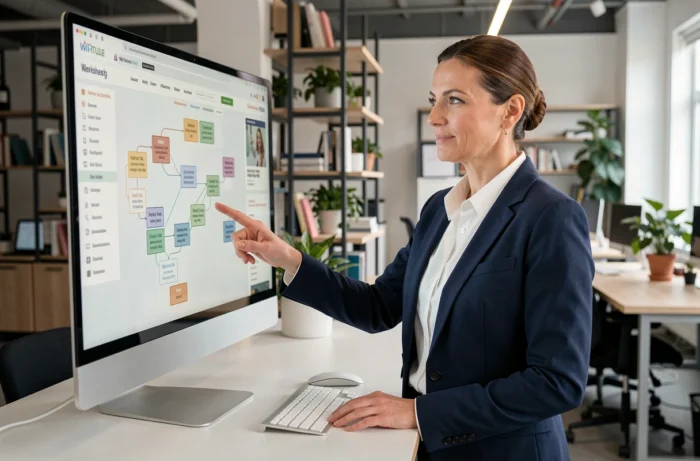 Femme professionnelle explorant le plan du site Vivre Femme sur un grand écran dans un espace de coworking