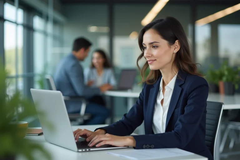Femme professionnelle en blazer marine recherchant un emploi B2B sur son ordinateur portable dans un bureau moderne